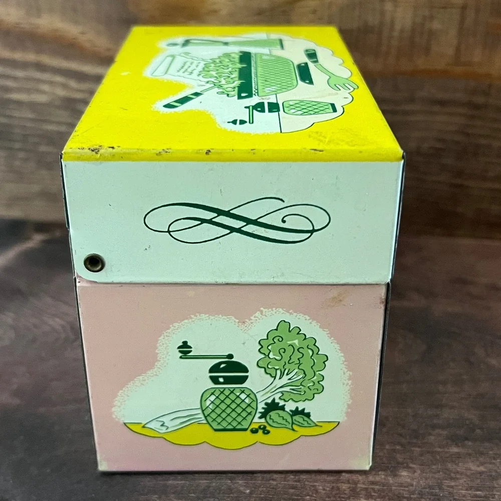 Vintage Ohio Art Co Metal Recipe Box Mid Century Kitchen Graphic Yellow Pink Tin